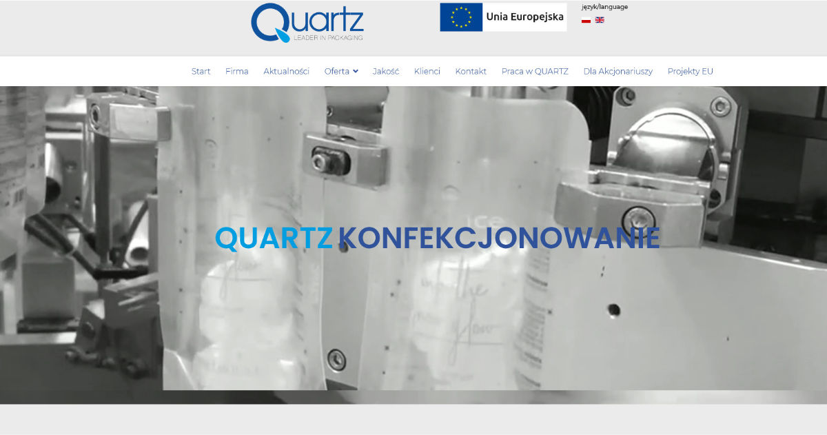 Realizacja dla firmy QUARTZ z Nowego Dworu Mazowieckiego. Wdrożenie serwisu z prezentacją oferowanych produktów (saszetki, doypacki, sticki) dla przemysłu kosmetycznego oraz spożywczego.