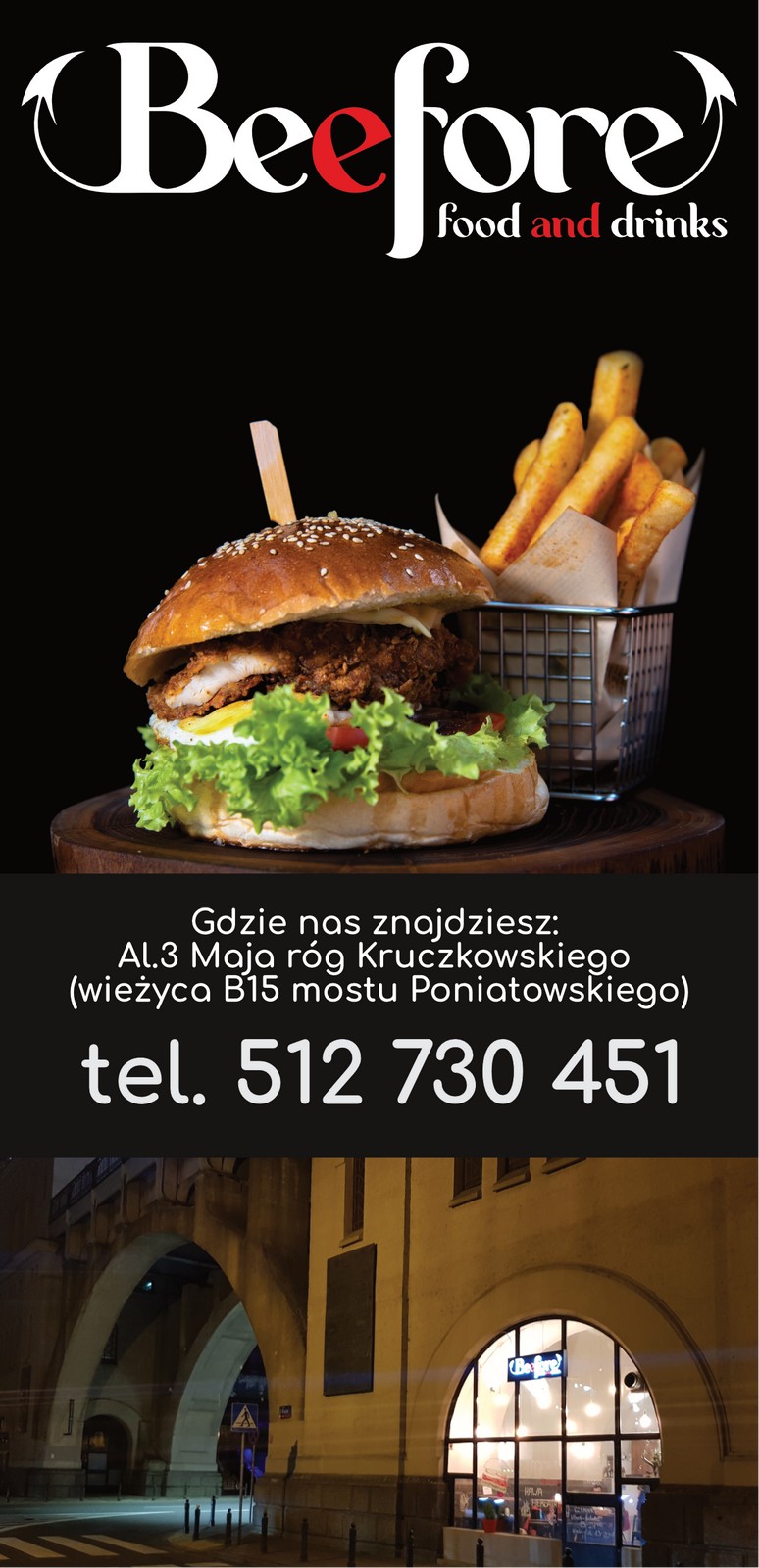 Ulotki reklamowe dla burgerowni na Powiślu - Beefore Food&Drinks