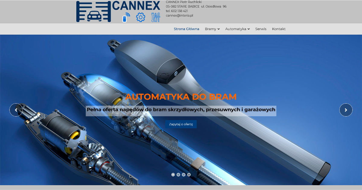 Realizacja dla firmy CANNEX z Babic koło Warszawy. Wdrożenie nowego serwisu z automatyką do bram, szlabany, bramy segmentowe, usługi serwisowe.